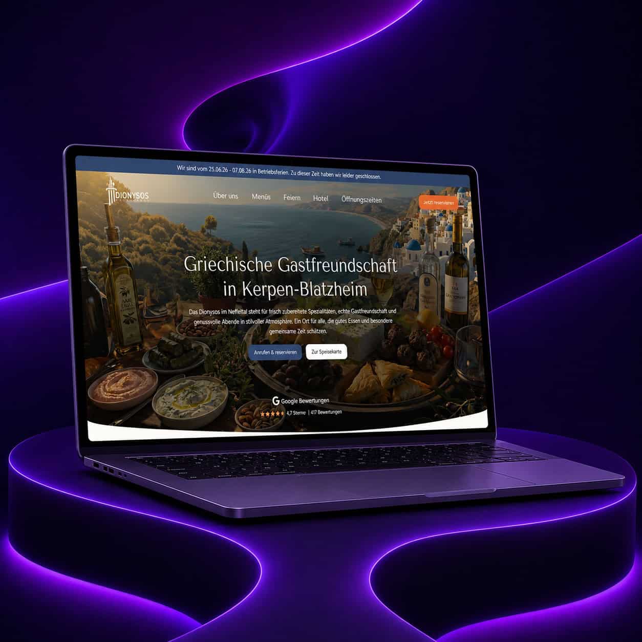 Website des Dionysos Kerpen in einer Geräte-Ansicht
