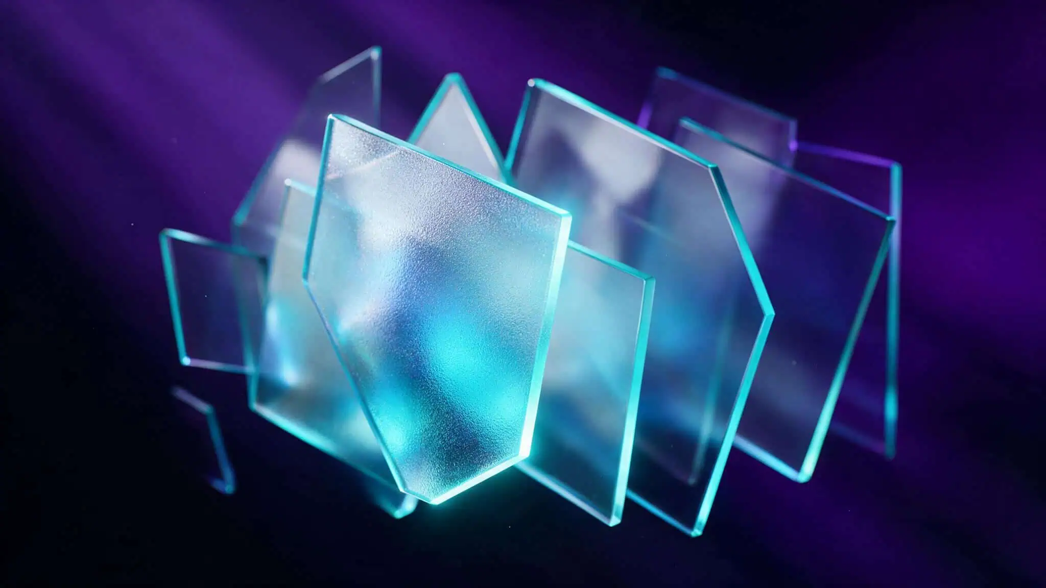 Abstrakte Glasflächen in Violett und Türkis als Symbol für Transparenz bei KI-Inhalten